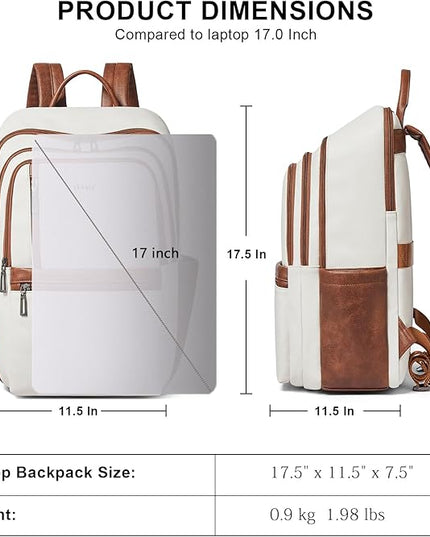 Shrrie 17 inch Leather Laptop Backpack for Women, Large Travel Backpack with 6 Compartments, Computer Backpack Purse for Work College