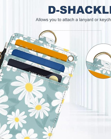 Slim Wallet Credit Card Holder, White Daisy L, RFID Wallet Women Cute Small Front Pocket Wallet With Zipper, PU Leather Thin travel RFID Blocking Card Case ID Window,Ladies Gifts