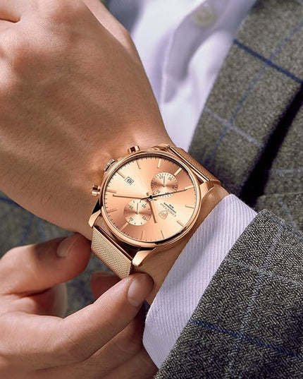 GOLDEN HOUR Mens Watch Fashion Sleek Minimalist Quartz Analog Mesh Stainless Steel Waterproof Chronograph Watches for Men with Auto Date