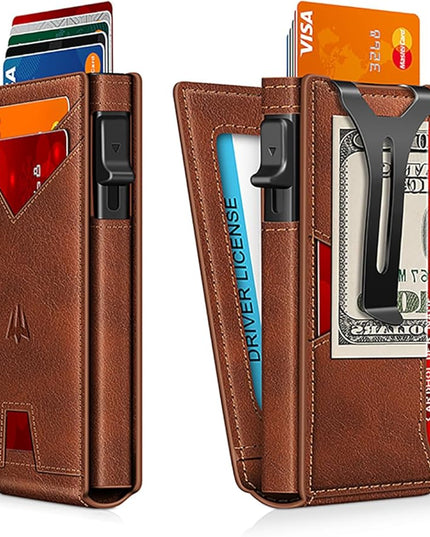 Ruiici Wallet for Men, Slim Minimalist Wallet with Money Clip＆ID Window, RFID Blocking Pop-Up Credit Card Holder, Smart Auminum Mens Wallet Holds 9-13 Cards (Gift Box) (Red Brown)