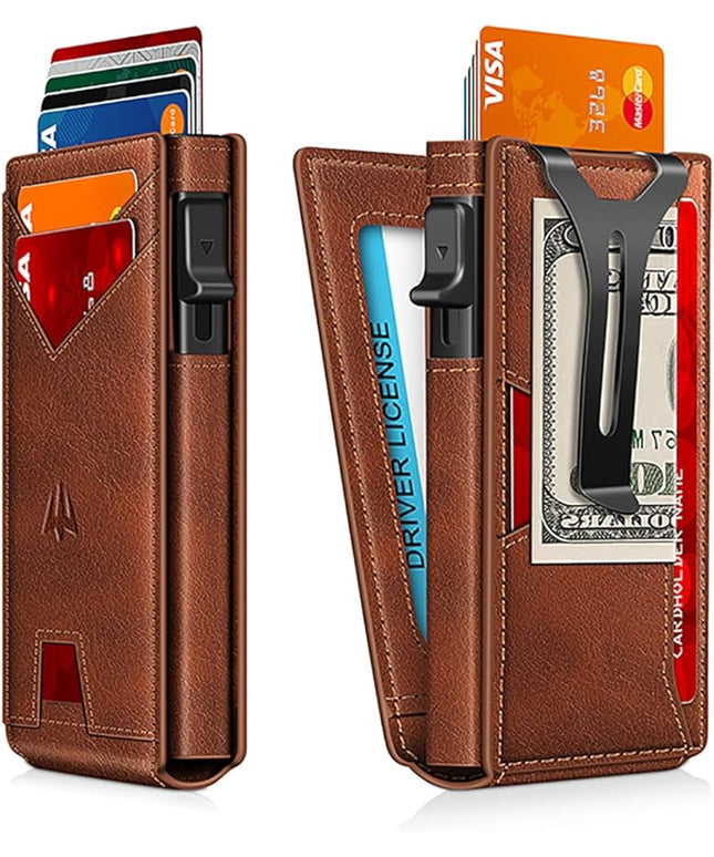 Ruiici Wallet for Men, Slim Minimalist Wallet with Money Clip＆ID Window, RFID Blocking Pop-Up Credit Card Holder, Smart Auminum Mens Wallet Holds 9-13 Cards (Gift Box) (Red Brown)