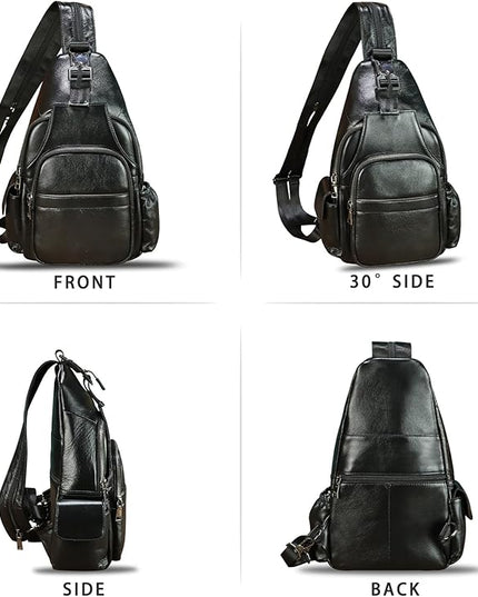 Genuine Leather Sling Bag for Men and Women Handmade Sling Backpack Purse Chest Over Shoulder Crossbody Bag Large Capacity (Black)