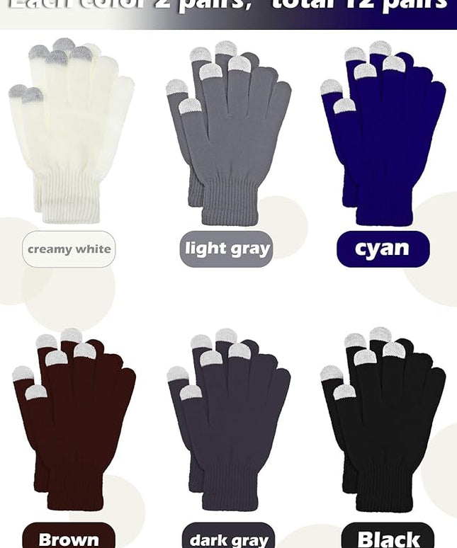 Pangda 12 Pairs Winter Touch Screen Gloves for Men Women Stretch Knitted Texting Gloves Warm Windproof Solid Color Mittens