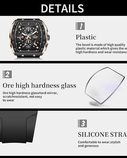 Mens Watches,Unique Rectangular Quartz Analog Watch,Outdoor Sports Multi-Function Watch,Chronograph/Waterproof/Luminous/Calendar,Durable Silicone Strap Mens Casual Watches