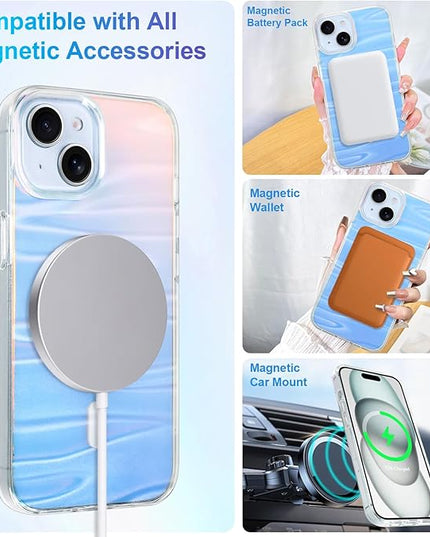 Cute Case for iPhone 15 Case for Women Girls [ Compatible with Magsafe ] Clear Glitter Girly Aesthetic Rainbow Sparkly Bling Magnetic Phone Cover, Iridescent Milky Way