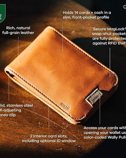 Distil Union Wally Bifold 5.0 RFID Wallet - No ID Window - Slim Bifold Wallet for Men with Money Clip, Premium Leather – Minimalist RFID Card Holder - Holds 14 Cards & 30 Bills - Navy