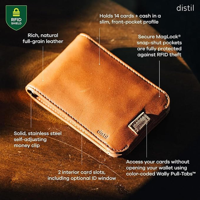 Distil Union Wally 5.0 RFID Wallet - No ID Window - Slim Bifold Wallet for Men with Money Clip, Premium Leather – Minimalist RFID Card Holder - Holds 14 Cards & 30 Bills - Black