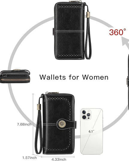 SENDEFN Wallet for Women RFID Blocking Leather Clutch Long Purse Large Capacity Credit Card Holder Wristlet