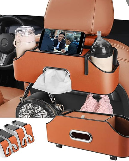 HOLDCY Car Back Seat Organizer with 2 Drink Cup Holder - Tissue Box and Storage Box Hook - Multi-functional Storage - Great for Kids and Travel (Orange)