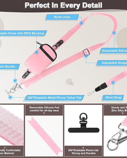 Clip and Go Strap for Phone With Wallet Crossbody (Detachable RFID Blocking Wallet) - Adjustable Phone Lanyard Crossbody with 360° Rotatable Tether Tabs for All Phones (Pink)