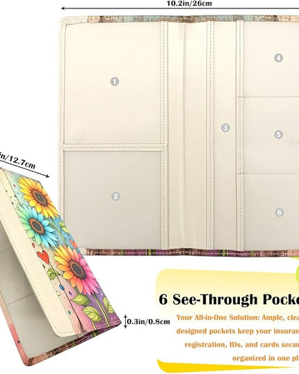 Car Registration and Insurance Holder with Magnetic Closure, Universal Document Organizer for License, Insurance Cards & Glove Box Storage (Sunflower-Colorful)