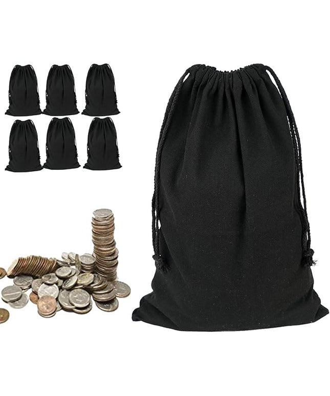 Lanyani 6 Packs Bank Coin Money Cash Bag Sacks, 12" x 17" Canvas Deposit Change Transit Bags with Drawstring, Heavy Duty, Black