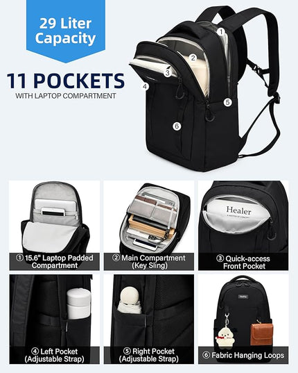 Travel Laptop Backpack Carry On, 18 Inch Large Work Backpack School Book Bags, Light Water Resistant Backpacks for Women Men with Luggage Strap Water Bottle Pocket Chest Strap, Black