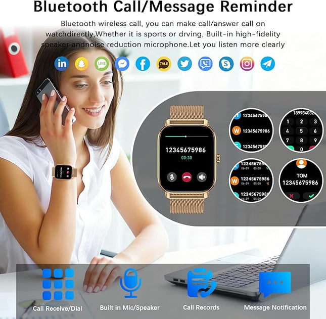 Smart Watch for Women Men Fitness: Waterproof Make Answer Call Digital Mens Watches Running Pedometer Smartwatch for Android Phone iPhone Samsung Compatible Heart Rate Monitor SpO2 Step Tracker Gold