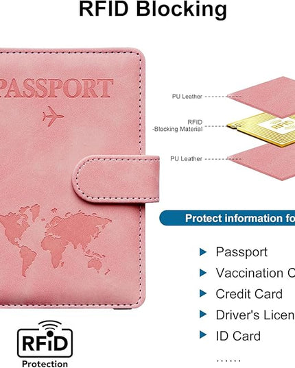 Passport Holder for Travel Women and Men RFID Passport Holder with Card Slots Holder Passport Case Passport cover Passport Wallet Travel Essentials and Accessories (Buckle, PINK)