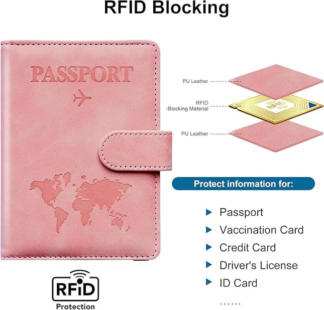 Passport Holder for Travel Women and Men RFID Passport Holder with Card Slots Holder Passport Case Passport cover Passport Wallet Travel Essentials and Accessories (Buckle, PINK)