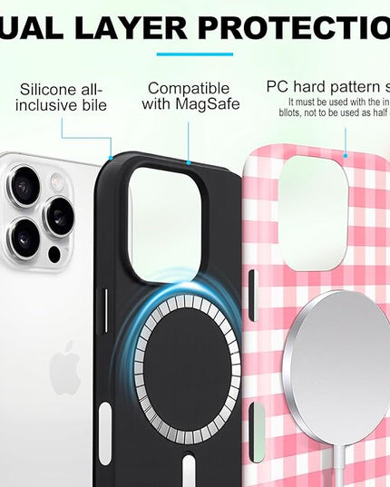 Magnetic for iPhone 15 Case Cute Checkered Stripes Phone Case for Women Girls, Shockproof Slim TPU and Hard PC Protective Phone Cover Compatible with MagSafe Designed, Red