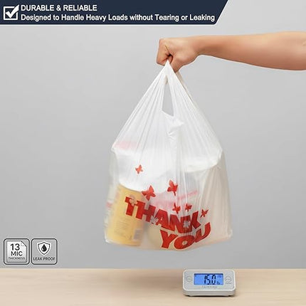 YoYoRain 1000 Pack White Thank You T-Shirt Bags with Handles, 11"x6"x21" Durable HDPE Plastic Carry-Out Shopping Bags for Grocery, Retail, Takeout & Small Business