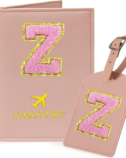 COSHAYSOO Initial Passport Cover Luggage Tag Set Letter Passport Holder Airplane Cruise Travel Essentials Vacation Traveling Accessories Personalized Gifts for Women Teen College Girls Pink Z