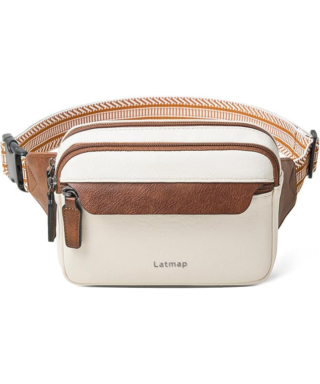 LATMAP 3L Fanny Packs for Women Cross Body Bag Vegan Leather Chest Belt Bag Fashion Waist Pack Small Bum Bag Crossbody for Travel Running Workout, Beige with Brown