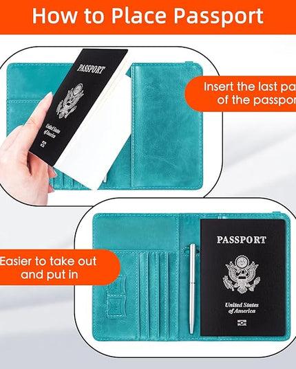 WALNEW Passport Holder for Travel, RFID Passport Cover Wallet for Women Men, PU Leather Passport Book Card Holder Case with Pen, Travelling Essentials for Flying