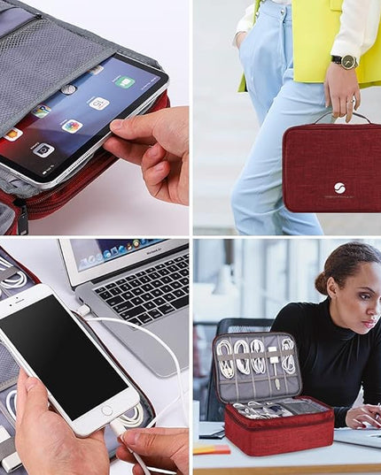 ORIENT FAMULAY Travel Electronics Organizer, Waterproof Cable Organizer Bag for Electronic Accessories Double Layer Large Shockproof Cable Storage Bag for Cord, Power Bank, Tablet(Up to iPad 11 inch) - Wine Red