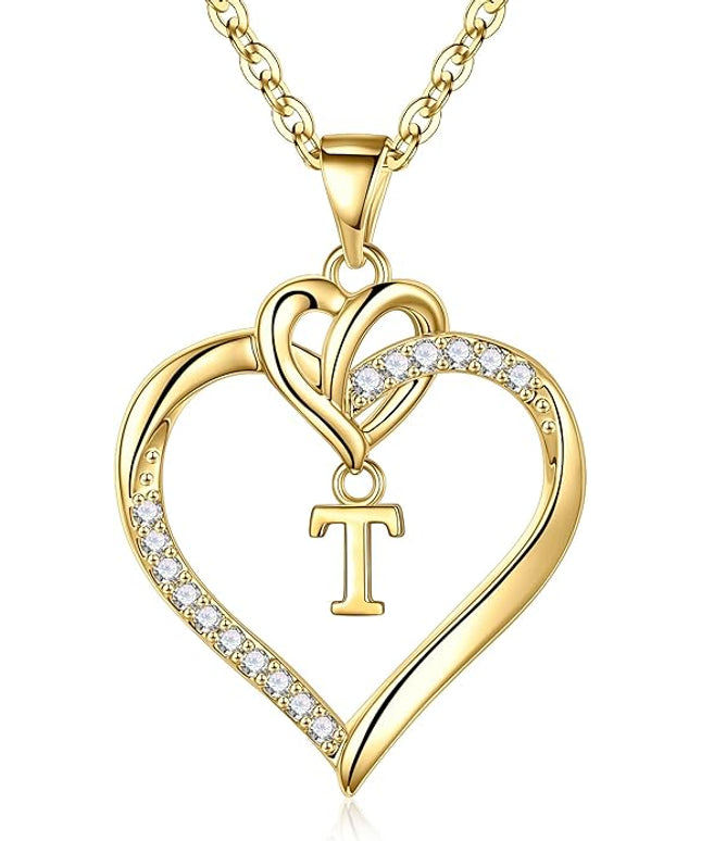 STORUP Christmas Gifts for Women Teen Girls - Heart Initial Necklaces for Women Girls, 14K-Gold-Plated Cubic Zirconia Initial A-Z Pendant Dainty Heart Necklaces for Teen Girl Jewelry Birthday Gifts