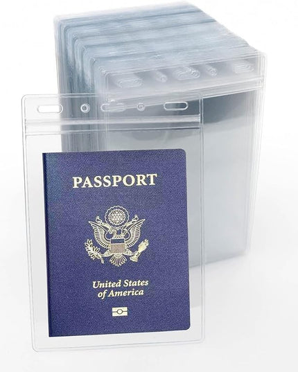 50 Pack Waterproof Passport Holder(Extra Large, Fits 4x6 in Insert), Vertical Name Tag Holder, Vinyl Plastic VIP Access Holder, Clear Back Stage Badge Holder Bulk