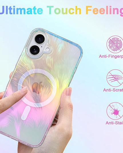 Glitter Case for iPhone 16 Case for Women Girls [ Compatible with Magsafe ] Clear Cute Aesthetic Girly Iridescent Feather Sparkly Bling Magnetic Phone Cover, Gradient Blue & Pink