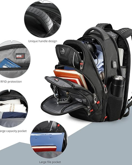 Travel Backpack For Men, Business Laptop Backpack With USB Charging Port, Fits 15.6" Computer, Black