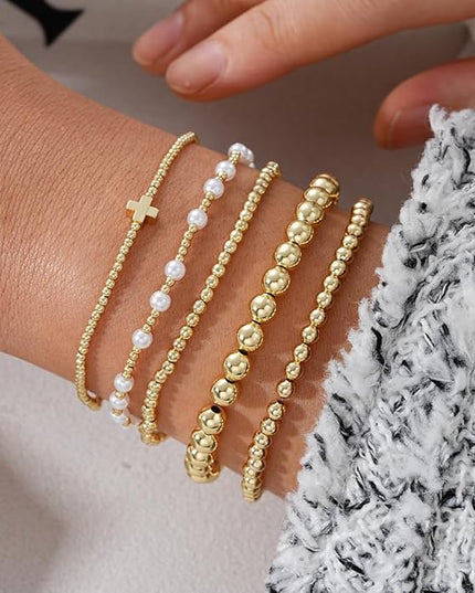 Gold Beaded Bracelets for Women, 14K Real Gold Plated Jewelry for Women Dainty Pearl Bead Bracelets Stack, Non Tarnish Trendy Stackable Ball Cross Stretch Bracelet Set Fashion Accessories Gifts