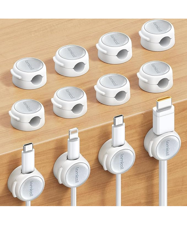 12Pack Magnetic Cable Clips Cord Organizer - Lamicall [Crystal-Clear & Silver Shine] Cable Management Holder for Phone Charging Cord, Strong Adhesive for Nightstand, Home Office Desk Decor Accessories