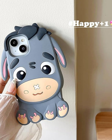 Case Compatible with iPhone 15 Pro,Cute 3D Kawaii Funny Grey Donkey Cartoon Cover with Keychain Soft Silicone Gel Drop Protector Women Girls