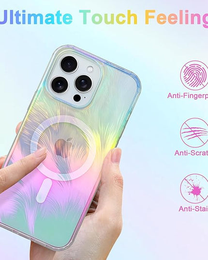 Glitter Case for iPhone 13 Pro Case for Women Girls [ Compatible with Magsafe ] Clear Cute Aesthetic Girly Iridescent Feather Sparkly Bling Magnetic Phone Cover, Gradient Blue & Pink