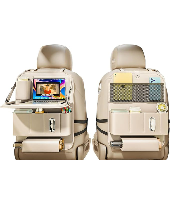 Car Seat Organizers,Multi-functional Back Seat Protectors, Storage Pouches, Child kicking prevention and Tray Holders (for Cars, Kids, Seat Back and Rear Seats) (Beige, 2 Pcs)