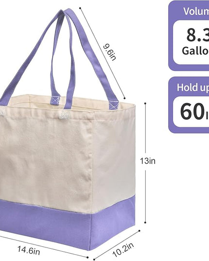 Reusable Grocery Bags Heavy Duty, 8.3 gal Foldable Large Canvas Tote Bag with Handles, Holds 60 lbs Canvas Shopping Bags, 1 Pack（Off White+Light purple）