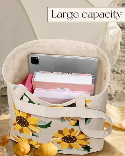 Aesthetic Embroidery Tote Bag for Women - Reusable Canvas Cute Shoulder Bag for Shopping, Grocery, Work, Book