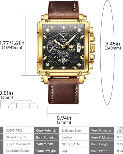 OLEVS Men's Chronograph Leather Watch, Big Face Easy to Read Analog Quartz Dress Watch, Casual Waterproof Luminous Hands Date Watches for Men, White/Blue/Black/Gold Dial