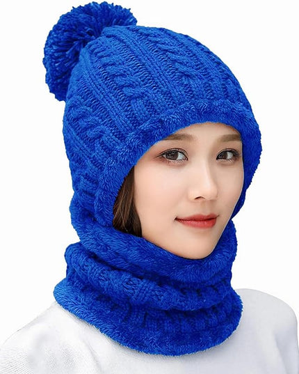 HUAMULAN Women Winter Beanie Hats One Piece Fleece Lined Knit Balaclavas Mask Set Skull Neck Circle Scarf Ski Snow Hat Pompom