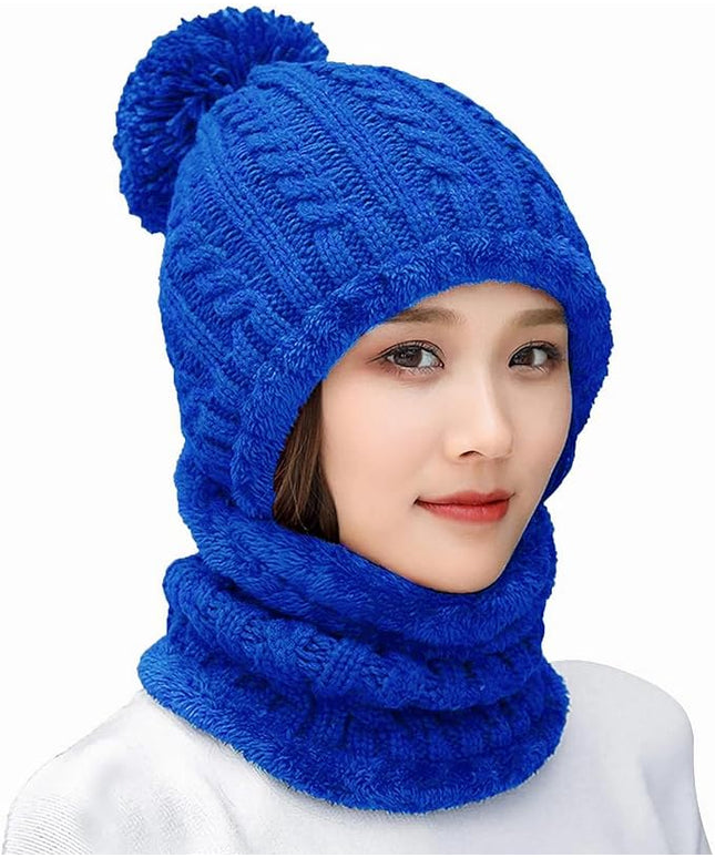HUAMULAN Women Winter Beanie Hats One Piece Fleece Lined Knit Balaclavas Mask Set Skull Neck Circle Scarf Ski Snow Hat Pompom