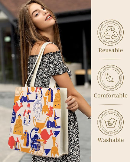 AUSVKAI Canvas Tote Bag Aesthetic for Women, Cute Reusable Bags with Pockets & Snaps for Beach Shopping College Gym Grocery