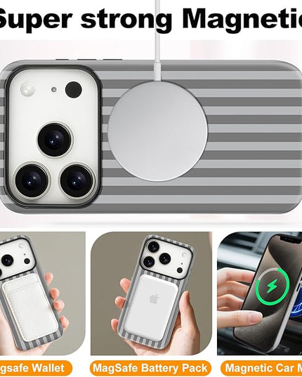 Magnetic for iPhone 17 Pro Max Case Cute Stripes Phone Case, Shockproof Slim TPU and Hard PC Protective Phone Cover Compatible with MagSafe Designed for Women Girls, Gray