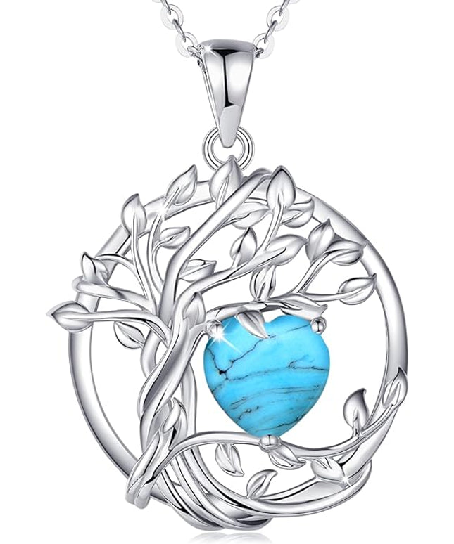 FANCIME Tree of life Birthstone necklace Sterling Silver Pendant Birthstone Necklace Gemstone Anniversary Birthday Jewelry Christmas Gifts for Mom Her Wife