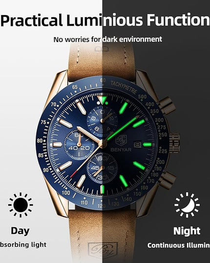 BY BENYAR Watch for Men Analog Quartz Chronograph Waterproof Luminous Designer Mens Wrist Watches Business Work Sport Casual Dress Watch with Silicone Strap Elegant Gifts for Men