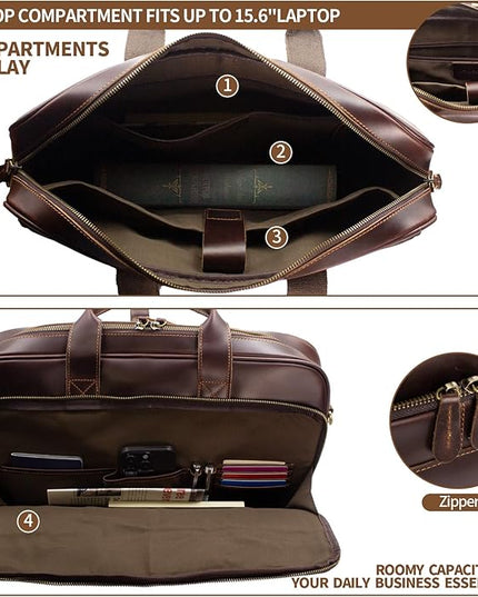 Jack&Chris Full Grain Leather Briefcase for Men, Business Messenger Bag Laptop Bag Attache Case, Fits 15.6 Inch Laptop