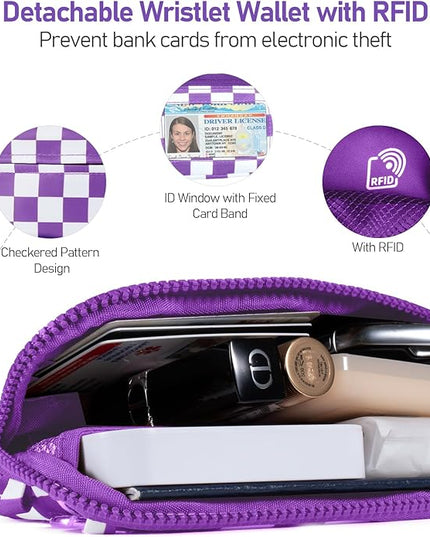 Clip and Go Strap for Phone with Wallet Crossbody Phone Lanyard and Detachable Checkered Bag with ID Window and RFID Pouch for Daily Travel.