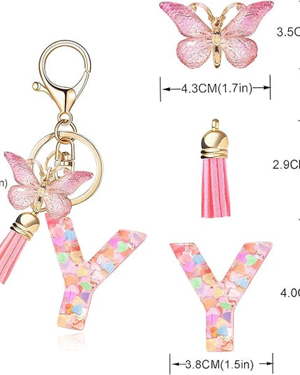 Fashion Alphabet Initial Letter Keychain Tassel Butterfly Pendant Key Ring for Purse Handbags Women Girl