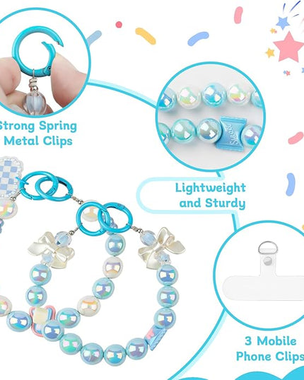 2 Pcs Phone Charm Wrist Strap with Tether Tab, Double Anti Lost Cute Beaded Wrist Lanyard, Detachable Transparent Phone Charms for Bag, Key Chains, Camera Decor