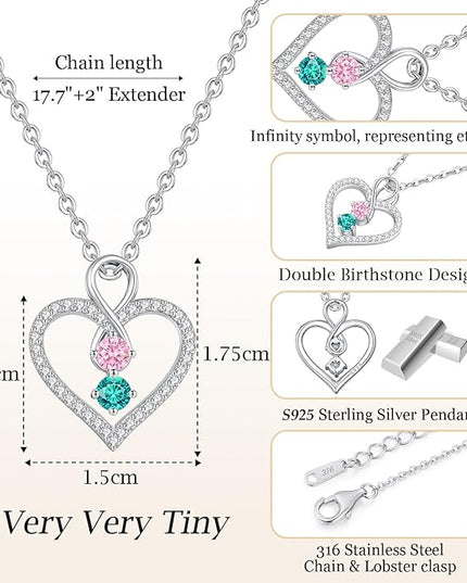 LOUISA SECRET Infinity Double Birthstone Necklace, 925 Sterling Silver Tiny Pendant Heart Necklace for Women Wife Her, Best Jewelry Gift Heart Jewelry Meaningful Gift for Valentine's Day, Christmas, Birthday Anniversary