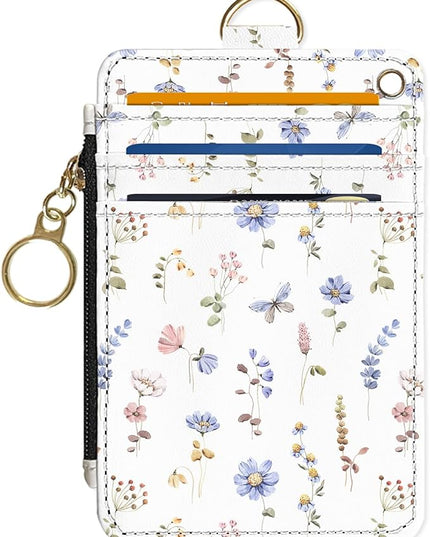 Slim Wallet Credit Card Holder, White And Purple Floral Print, RFID Wallet Women Cute Small Front Pocket Wallet With Zipper, PU Leather Thin travel RFID Blocking Card Case ID Window ,Ladies Gifts